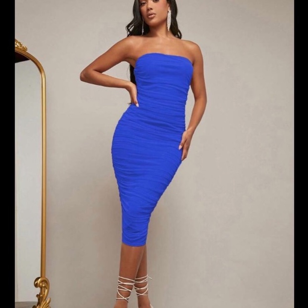 New Bright Blue Strapless Midi Semi Formal Dress XS
